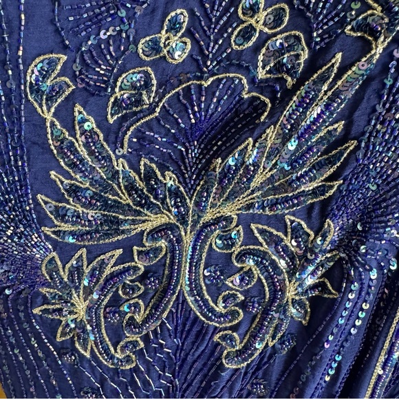 RARE Vintage 80s Judith Ann 2 pc Blue Silk Sequin Beaded Kimono Jacket and Dress - Picture 12 of 16